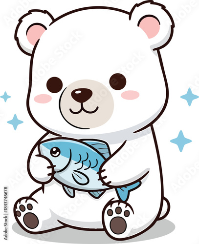 Cute cartoon polar bear holding a blue fish with snowflakes