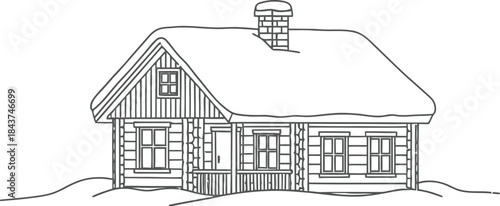 Simple black and white line drawing of a cozy snow covered log cabin nestled in a winter landscape
