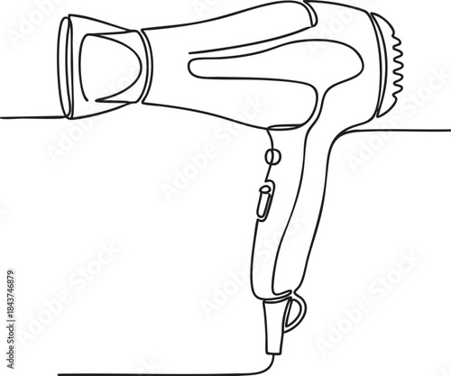 Line drawing of a hairdryer with air flow indicated by dashed lines