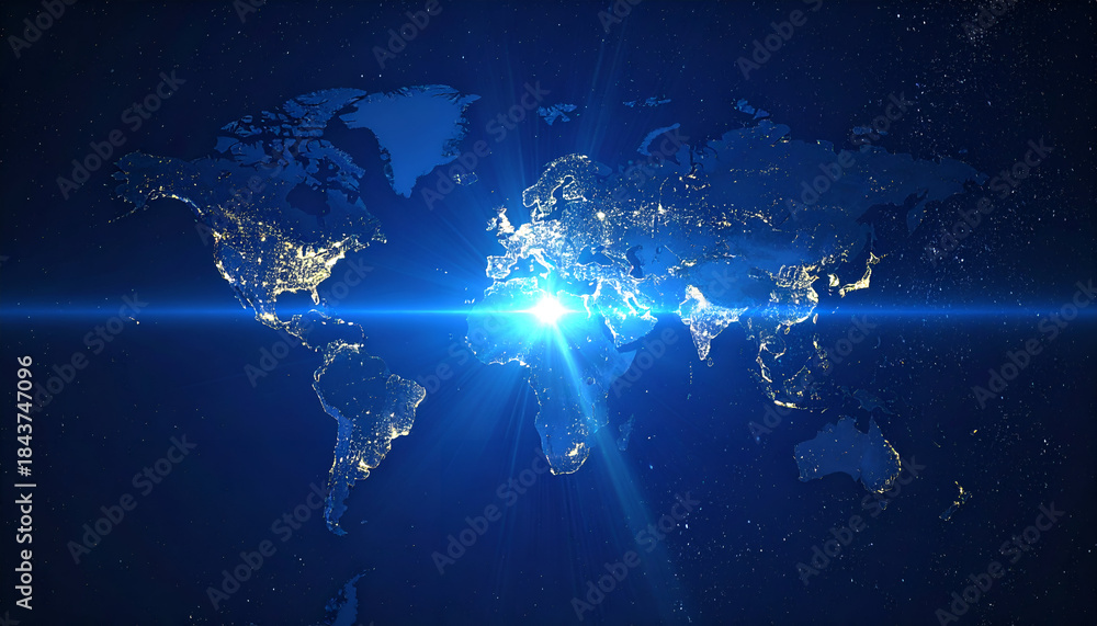 Fototapeta premium Global Network Connection - Illuminated World Map with Bright Light.