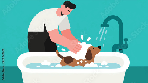 Illustration Of Person Giving A Bath To A Small, Wet Dog In A Bathtub, With Suds And Splashing Water Vector Design Template