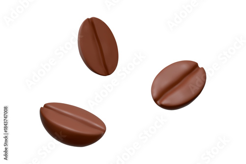 3d flying coffee beans background. Brown coffee beans for advertising and promotion of coffee products. Stock vector illustration on isolated background.