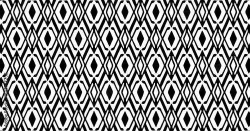 Seamless black and white abstract pattern with elongated geometric motifs, ideal for modern backgrounds, textiles, wallpapers, and graphic design uses.