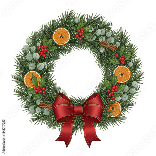 Elegant Christmas Wreath with Pine Leaves, Berries and Dried Oranges – Detailed Botanical Vector Illustration