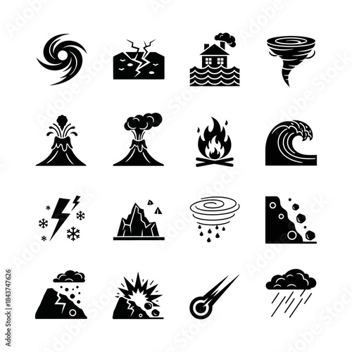 Collection of Disaster and Natural Calamity Icons representing various natural phenomena like hurricanes, earthquakes, floods, and volcanic eruptions