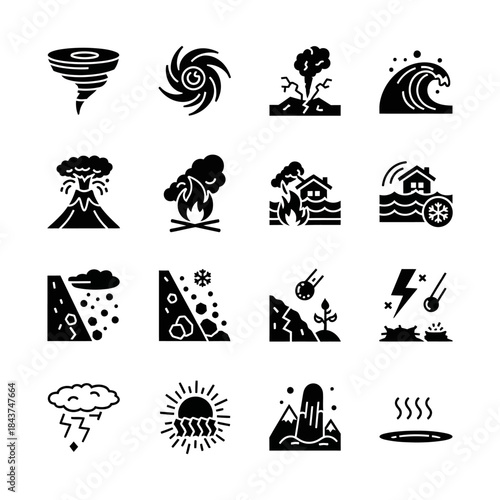 Disaster and Natural Phenomena Icon Set Weather, Geological, and Climate Events