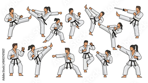Dynamic martial arts training session with diverse techniques and focused practitioners