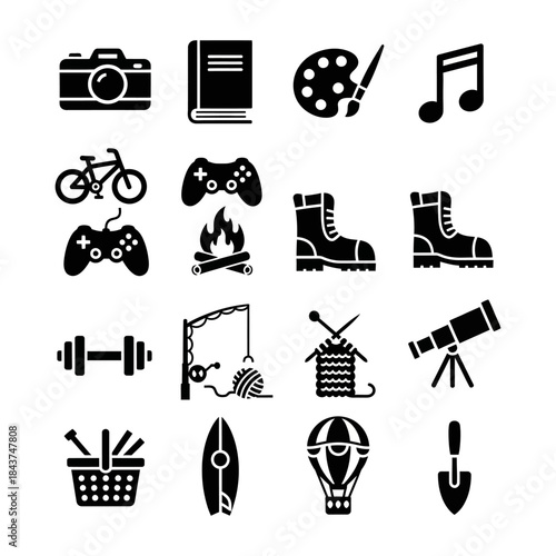 Diverse black silhouette icons for hobbies, leisure activities, and recreational pursuits, illustrating an comprehensive active lifestyle concept