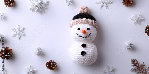 Snowman flat lay on white background Christmas holiday concept