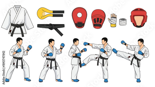 Martial arts training with diverse protective gear and equipment for combat readiness