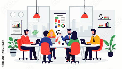 Flat vector of a business team collaborating around a meeting table with charts and ideas. Solid colors, no gradients, ideal for business presentations and corporate websites 