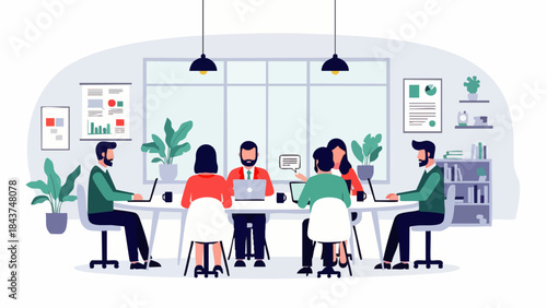 Flat vector of a business team collaborating around a meeting table with charts and ideas. Solid colors, no gradients, ideal for business presentations and corporate websites 