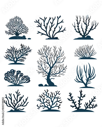 A grid of nine distinct silhouettes of trees and bushes, showcasing various branching patterns and forms