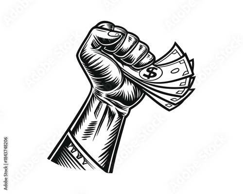 A black and white illustration of a clenched fist holding several dollar bills, representing financial strength and abundance