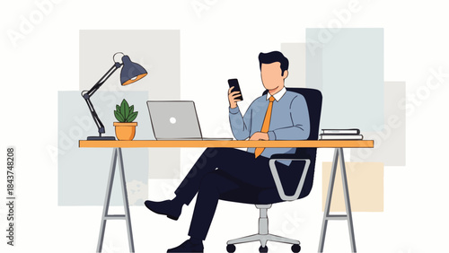 Flat vector modern illustration of a man sitting comfortably in an office chair behind a desk while holding a smartphone, symbolizing remote work, digital communication and modern ways of working.