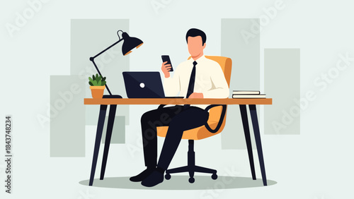 Flat vector modern illustration of a man sitting comfortably in an office chair behind a desk while holding a smartphone, symbolizing remote work, digital communication and modern ways of working.