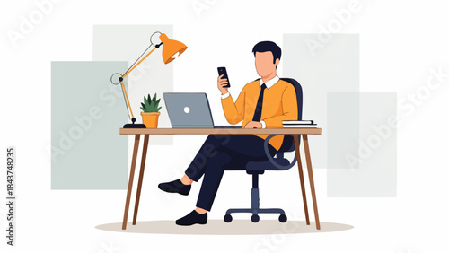 Flat vector modern illustration of a man sitting comfortably in an office chair behind a desk while holding a smartphone, symbolizing remote work, digital communication and modern ways of working.