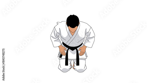 Martial artist in traditional uniform performing a bow in a modern training facility