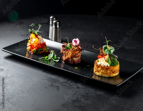 Fine Dining Tasting Menu with Three Small Dishes on Black Plate