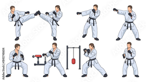 Martial arts training and practice in a gym setting showcasing various techniques and stances