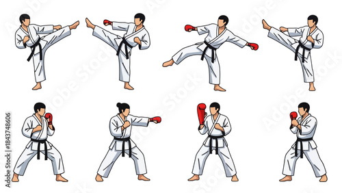 Diverse Martial Arts Practitioners Demonstrating Techniques in a Dynamic Action Sequence