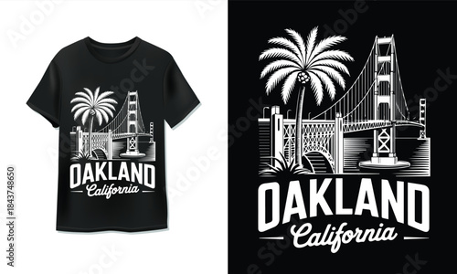 Vintage oakland california t-shirt design featuring a suspension bridge and palm tree