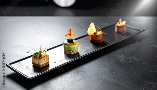 Fine Dining Tasting Menu with Three Small Dishes on Black Plate