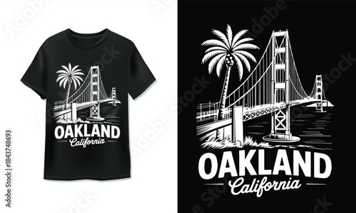 Stylish black and white oakland california t-shirt design with iconic bridge and palm tree graphic