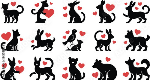 Collection of silhouette animals with hearts