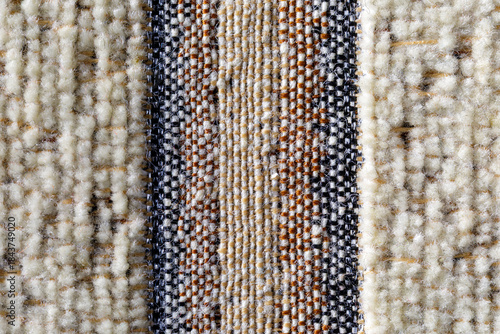 Brown, blue, beige transverse stripes on the tapestry. fabric texture, in close up
