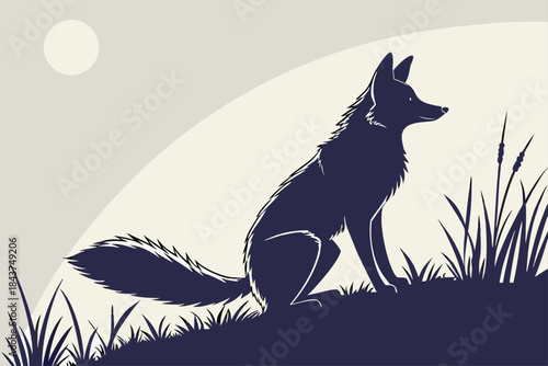 Silhouette of a wild fox sitting on a grassy hill at dusk with a pale moon in the hazy sky creating a serene and watchful atmosphere