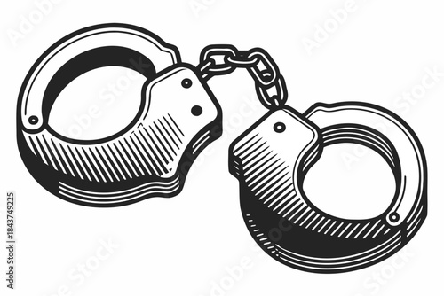 A stylized vintage illustration of a pair of metal handcuffs depicted in a black and white engraving style symbolizing arrest justice or confinement