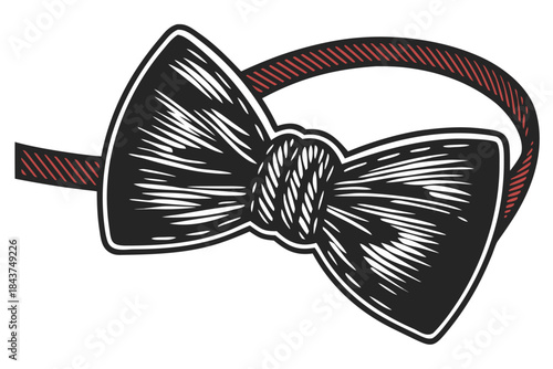 A classic black bow tie with a textured pattern and a red striped band rendered in a vintage woodcut illustration style perfect for formal wear and retro fashion themes