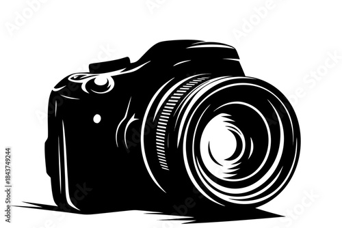 A stylized black and white illustration of a modern digital camera with a prominent lens rendered in a graphic art style with bold lines and high contrast perfect for photography themes