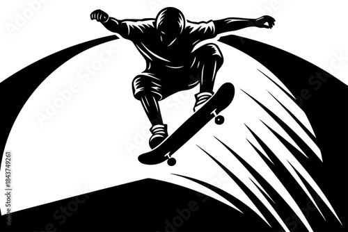 Dynamic black and white illustration of a skateboarder performing an aerial trick against a stylized background with flowing lines suggesting movement and speed