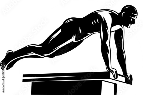 Dynamic black and white illustration of a muscular athlete performing a challenging push up exercise on a raised platform showcasing strength and determination in a bold graphic style