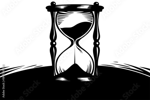 Black and white illustration of an hourglass with sand flowing from the top bulb to the bottom bulb symbolizing the passage of time and urgency