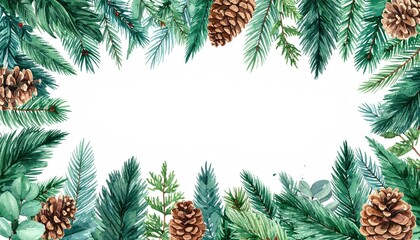 Watercolor Christmas border with pine branches and pinecones.