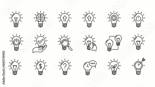 This collection of light bulb line icons effectively visualizes diverse concepts related to business innovation, creative thinking, problem-solving, and idea generation.