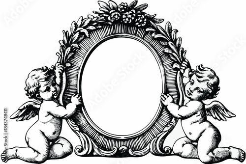 Obraz na plátně Ornate oval frame with cherubs and floral embellishments
