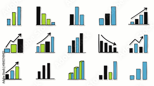 A diverse collection of hand-drawn bar charts and graphs visually represents business trends, financial data, and statistical analysis, ideal for modern presentations.