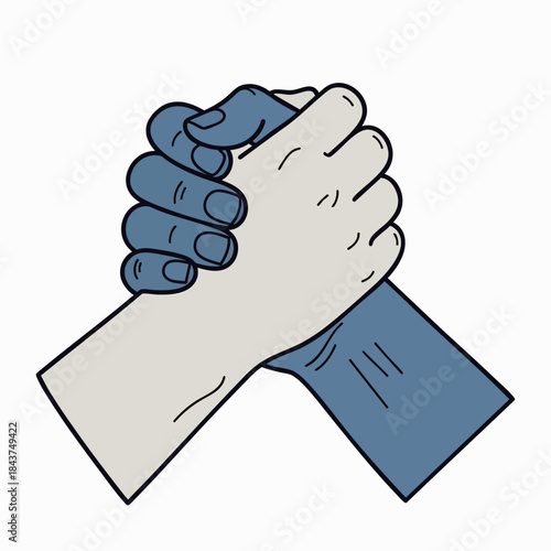 A powerful illustration depicting two diverse hands, one light-toned and one dark-toned, clasped firmly together, symbolizing unity, strength, partnership, and agreement.