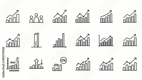 Collection of simple line icons representing financial growth charts and data analysis for business and economic concepts.