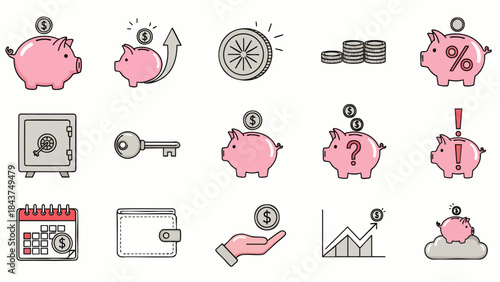 Collection of flat icons representing financial concepts like savings, investment, security, and budgeting for business.