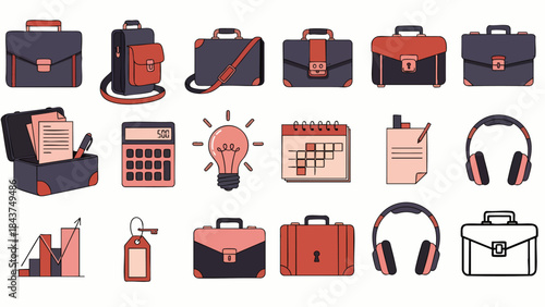 Collection of business icons featuring briefcases, headphones, calculators, and office supplies on a white background.