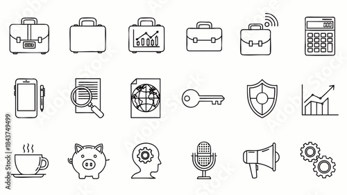 Collection of modern business and finance icons representing growth, security, communication, and investment opportunities.