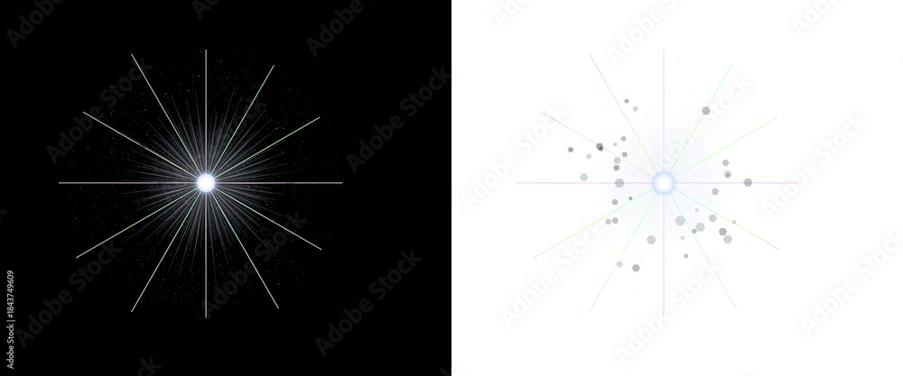 Fototapeta premium A bright starburst effect on black and transparent backgrounds with lines and dots radiating outward in a celestial pattern