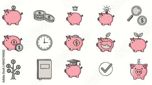 Collection of charming piggy bank icons representing savings, financial growth, and investment opportunities.