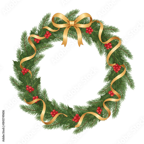 Elegant Christmas Wreath of Pine, Holly, Berries and Gold Ribbon – Centered Vector Frame Template