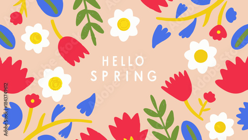 Hello spring text surrounded by colorful abstract flowers and leaves on a peach background
